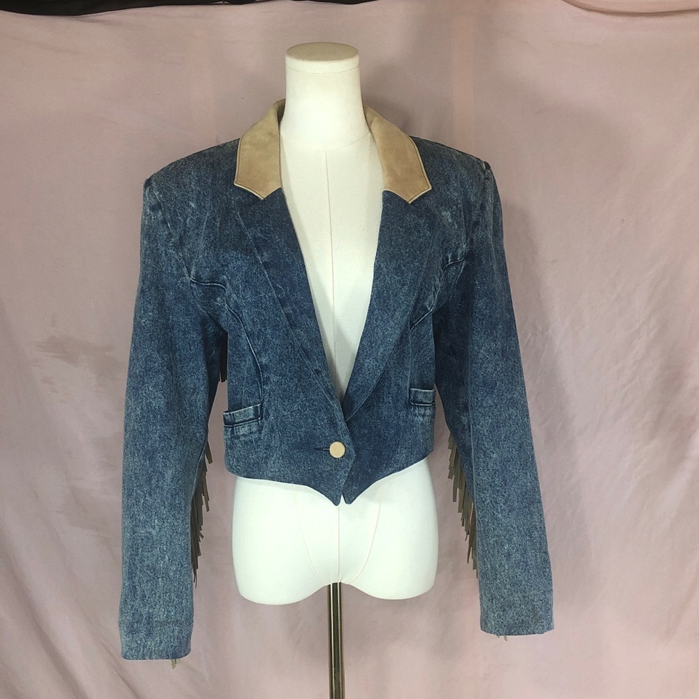 Vintage Blue Denim Western Country Leather Tan Collar Fringe Size Large Like New - Picture 2 of 16